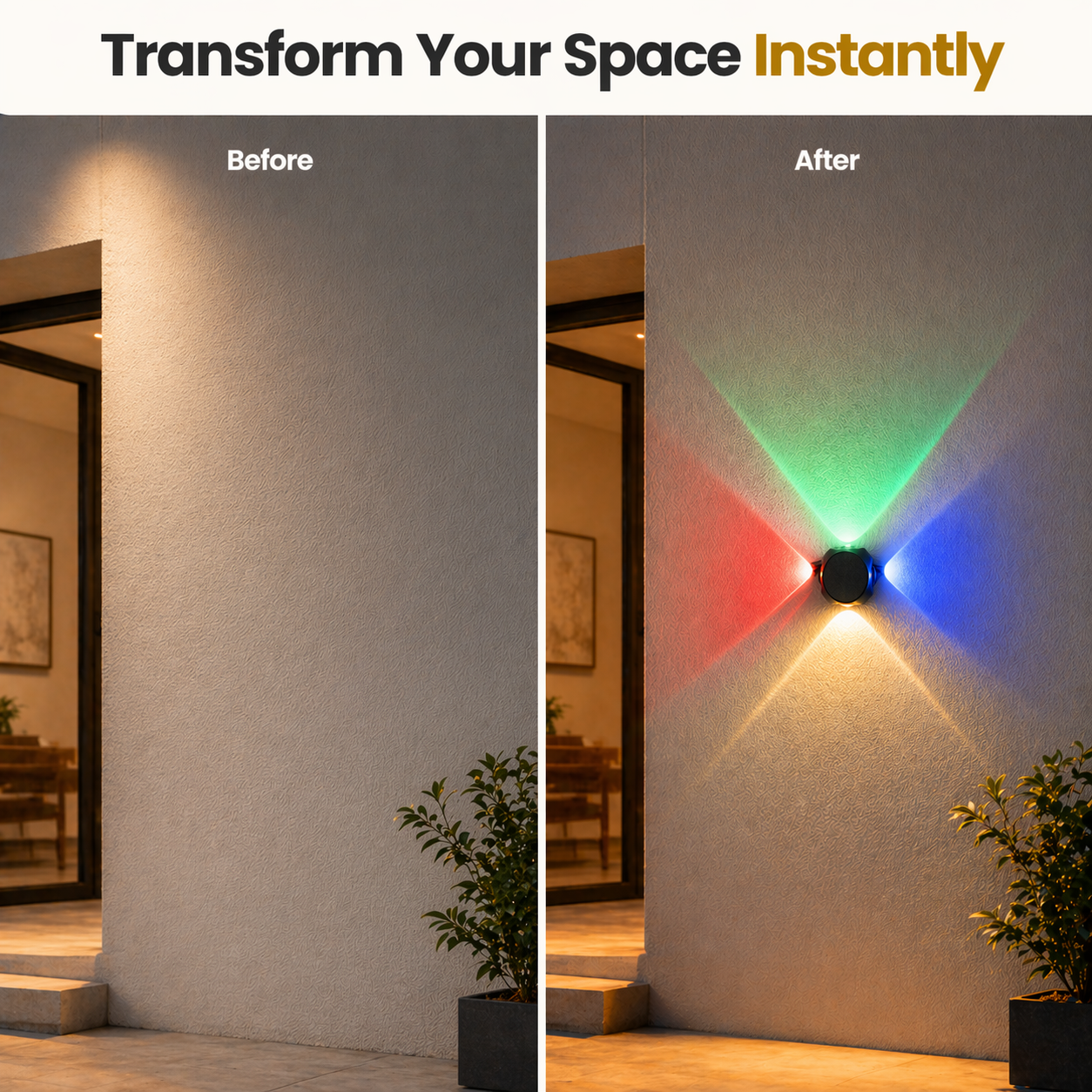 Before and after comparison of a wall light fixture on a building exterior.