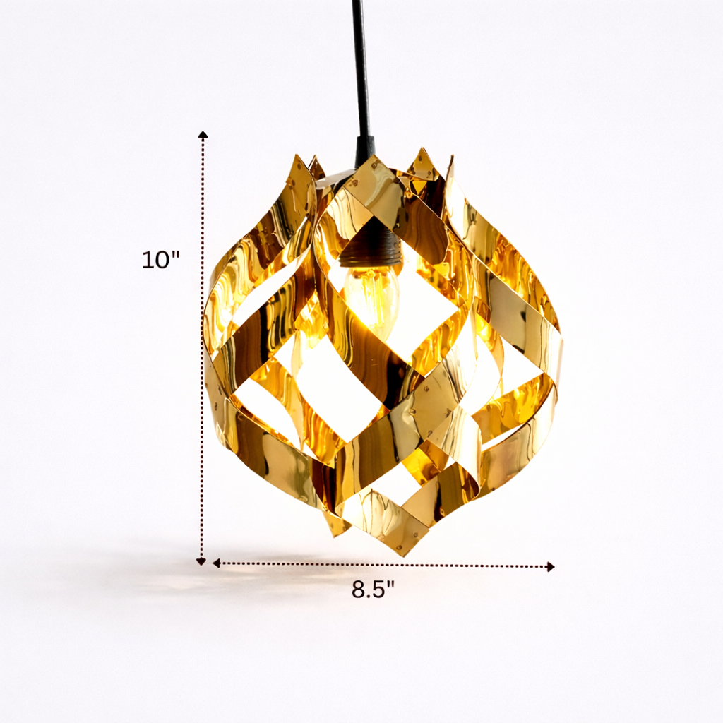 Gold geometric pendant light with measurements on a white background