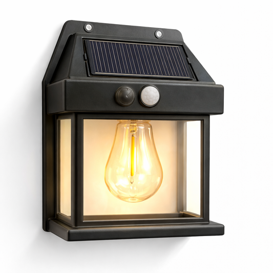 Solar-powered outdoor wall light with a bulb inside on a white background