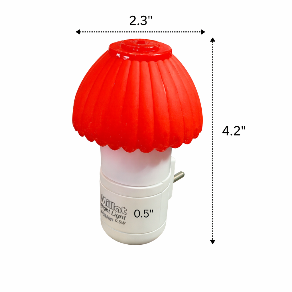 Red mushroom-shaped night light with measurements on a white background