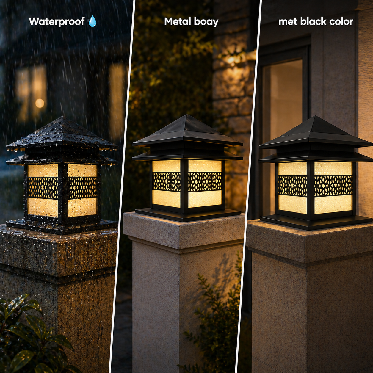 Three views of a decorative outdoor light fixture on a柱子, highlighting waterproof, metal body, and black color features.