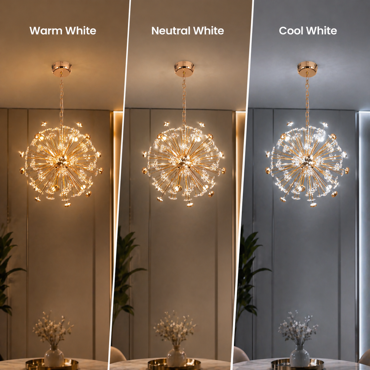 Chandelier shown in three different color temperatures: Warm White, Neutral White, and Cool White.