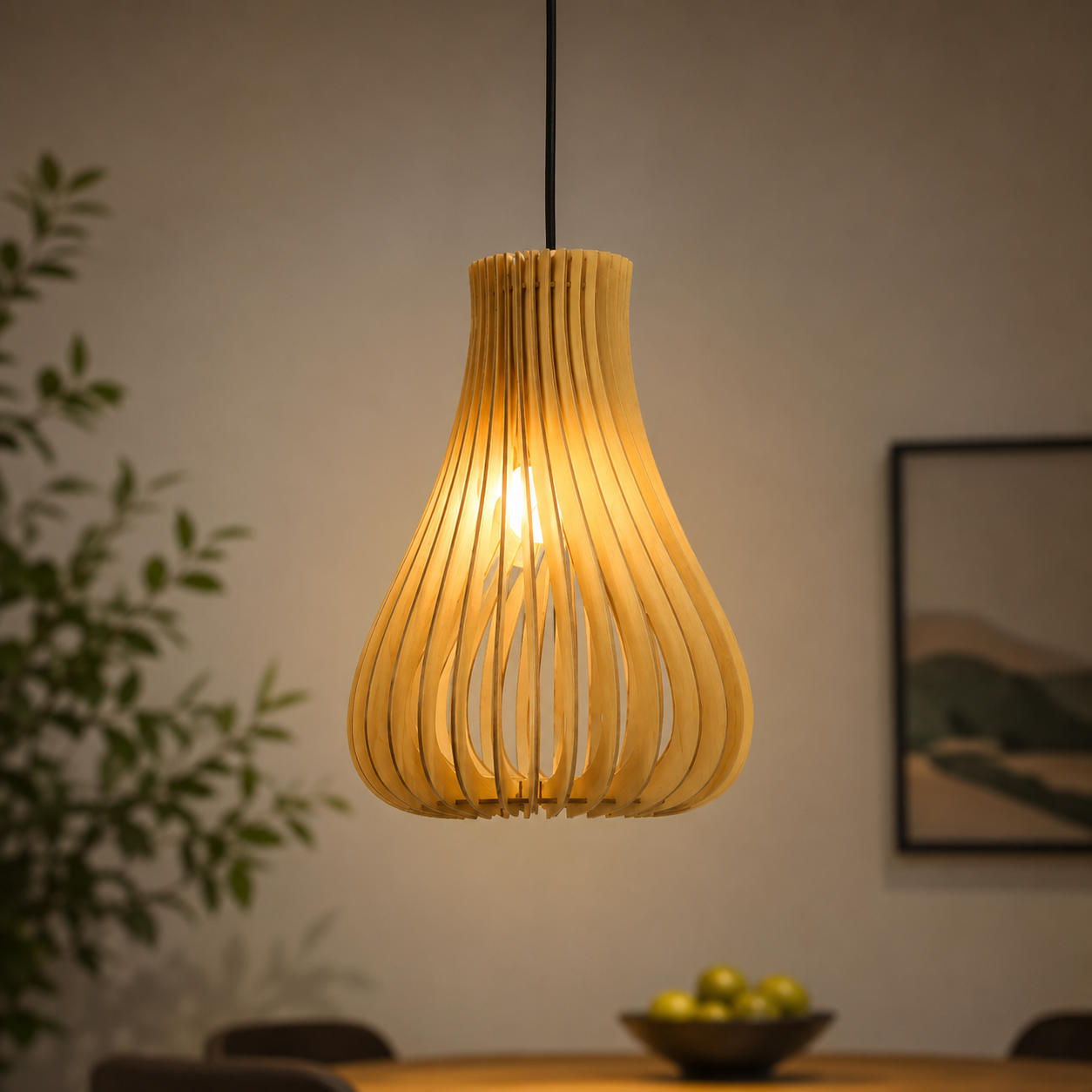 Modern wooden pendant light hanging above contemporary dining table