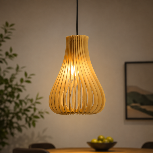 Modern wooden pendant light hanging above contemporary dining table