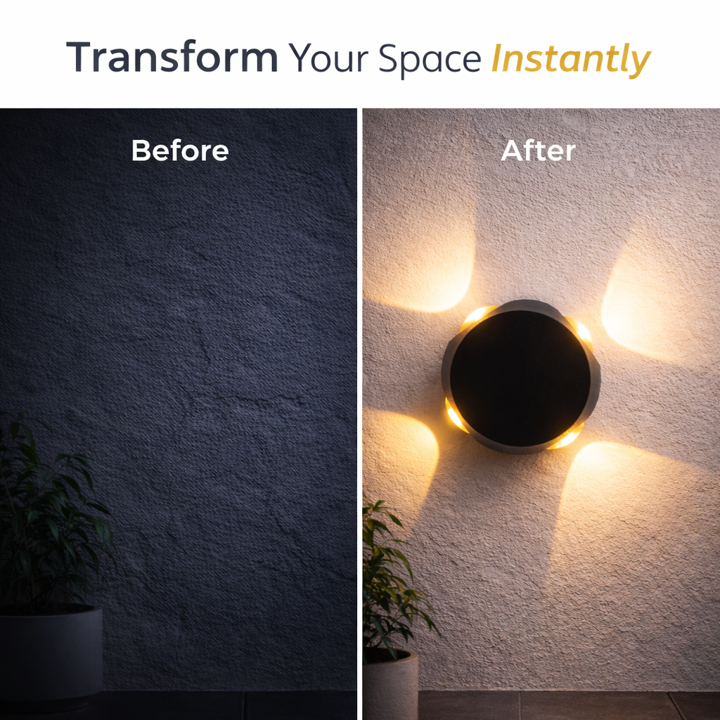 Before and after comparison of a wall light fixture on a textured wall.