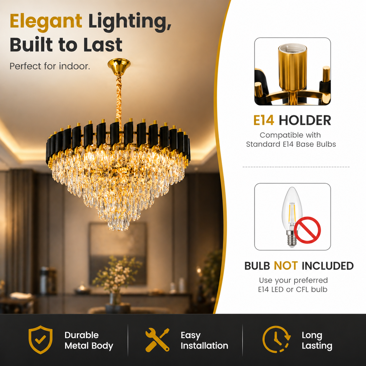 Chandelier with E14 holder and bulb compatibility information on a blurred indoor background