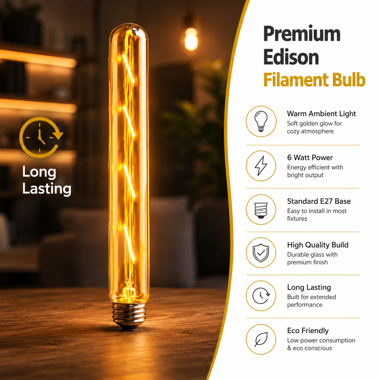 Premium Edison filament bulb with features listed on the right side.