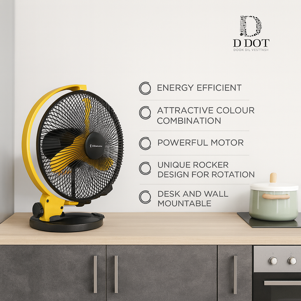 Yellow and black fan on a kitchen counter with features listed on a whiteboard.