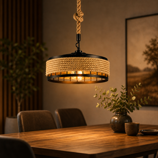 modern rope pendant light hanging above wooden dining table