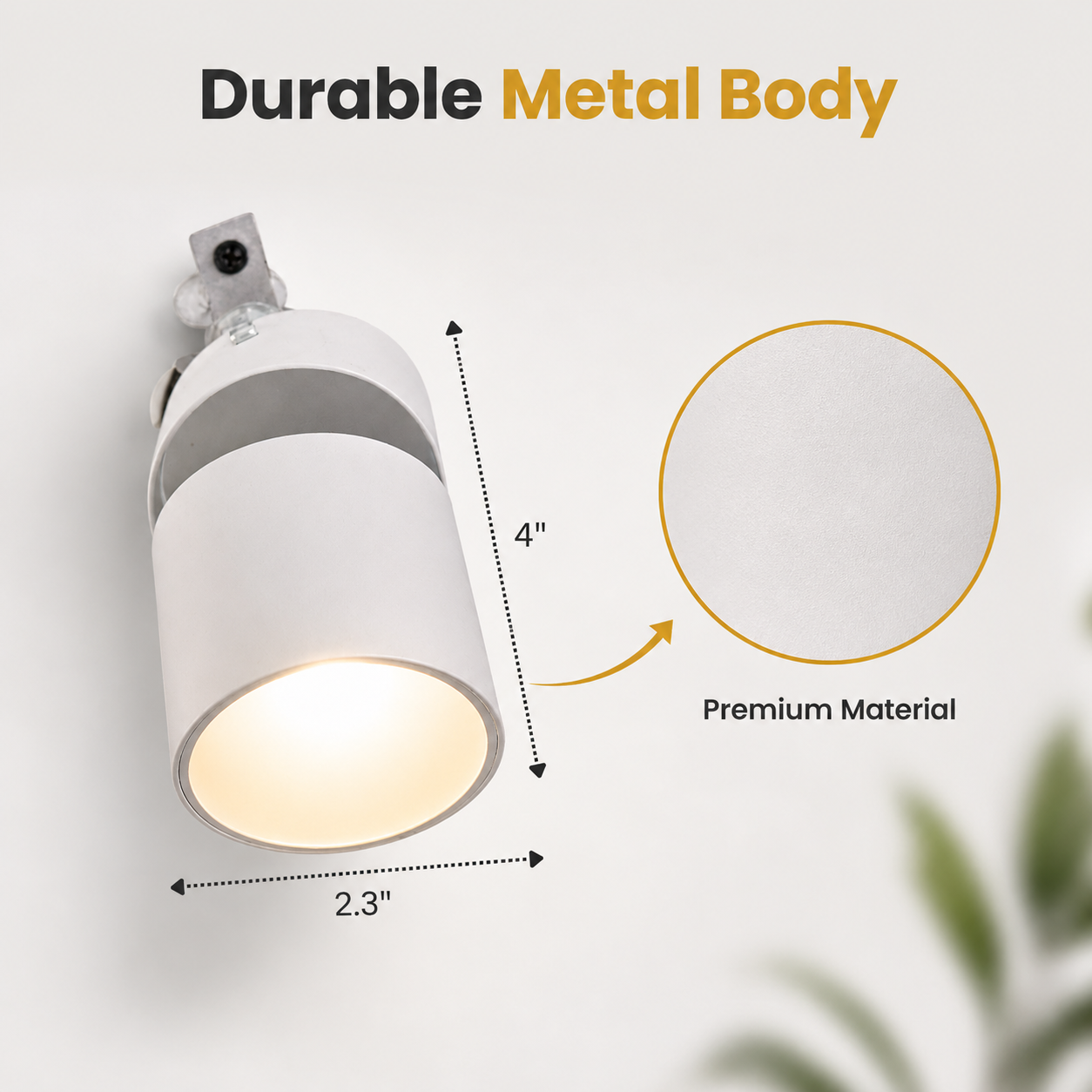 White outdoor light fixture with dimensions and material details on a white background