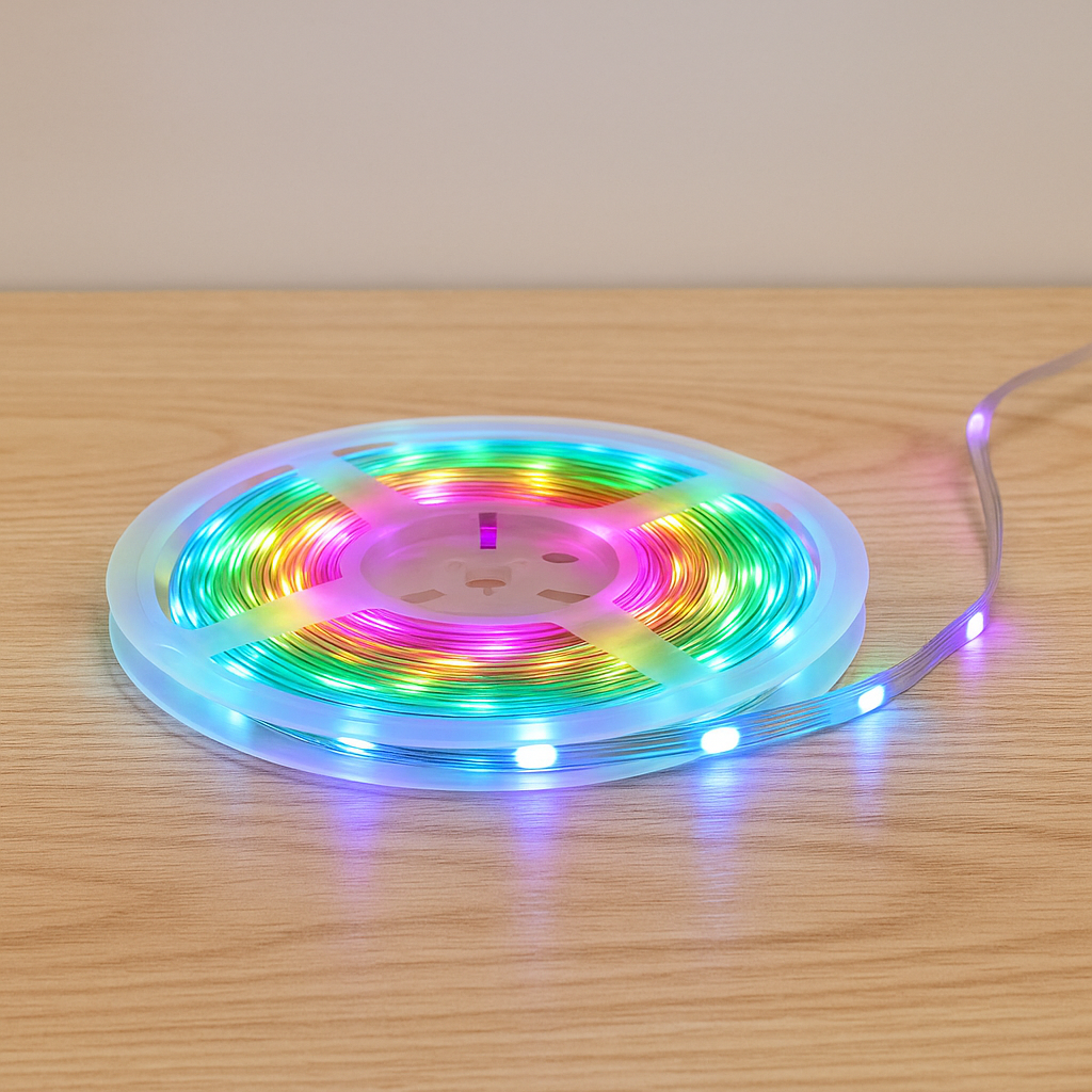 Roll of colorful LED strip light on a wooden surface