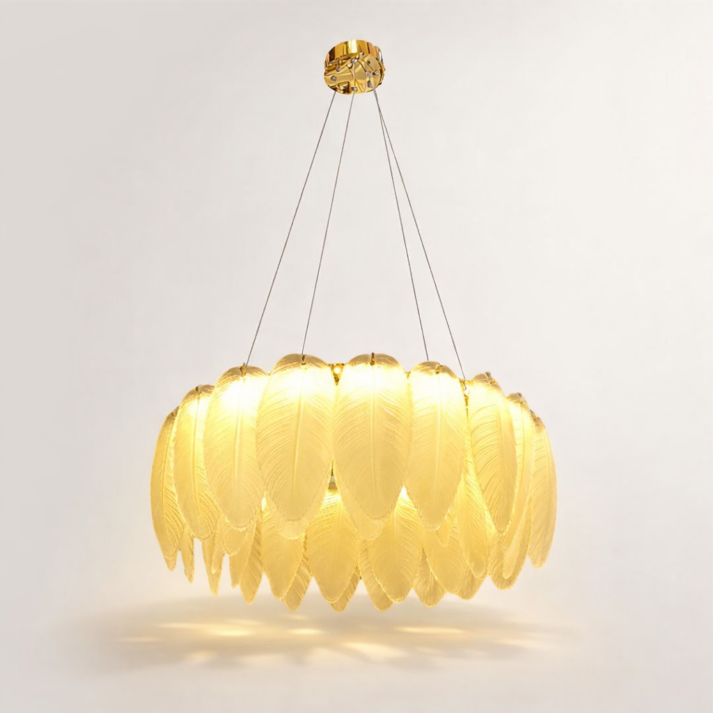 Gold LED chandelier with feather glass design for living room