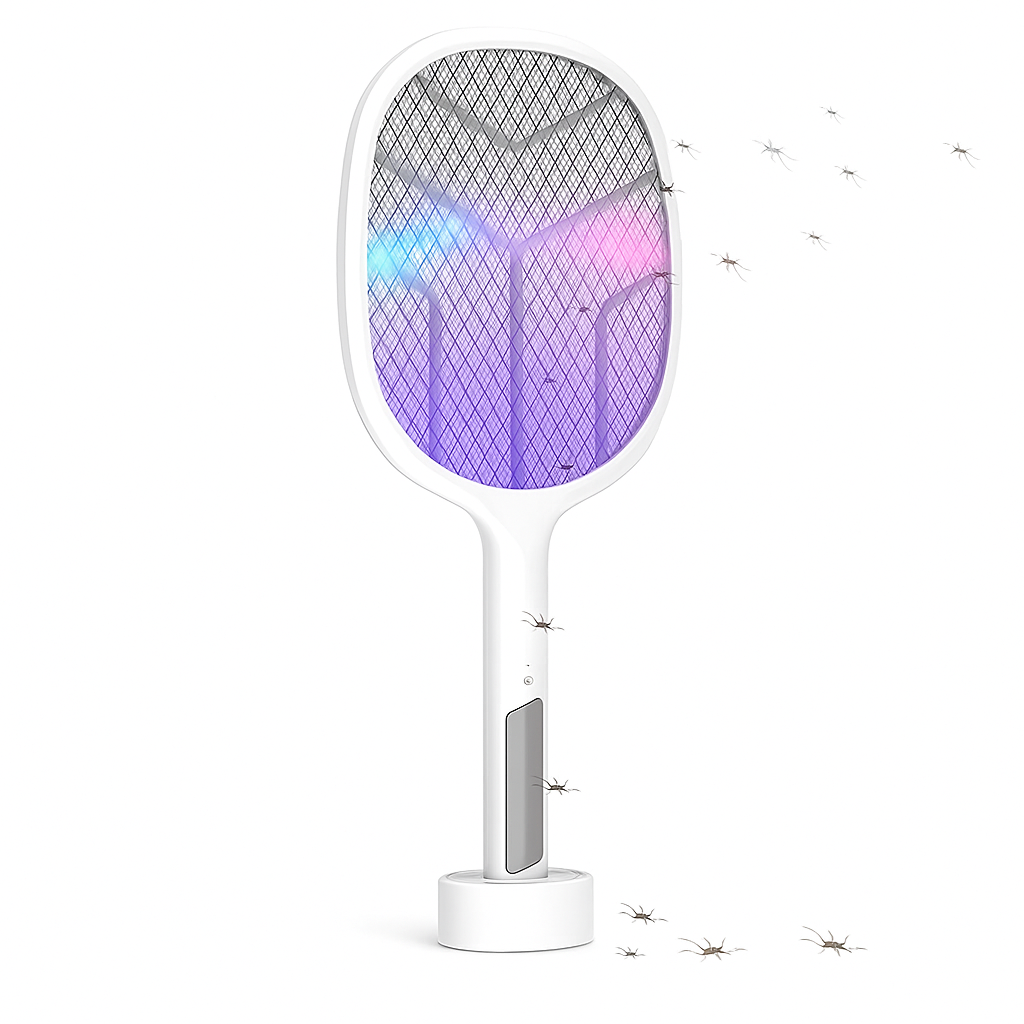 Mosquito swatter with purple light on a white background