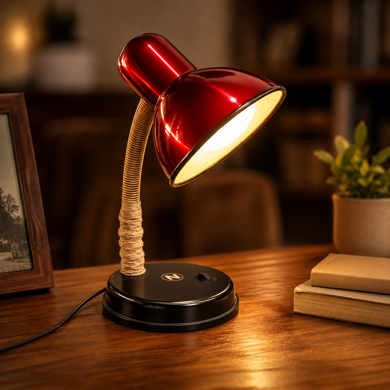 Red desk lamp on a wooden surface with a blurred background