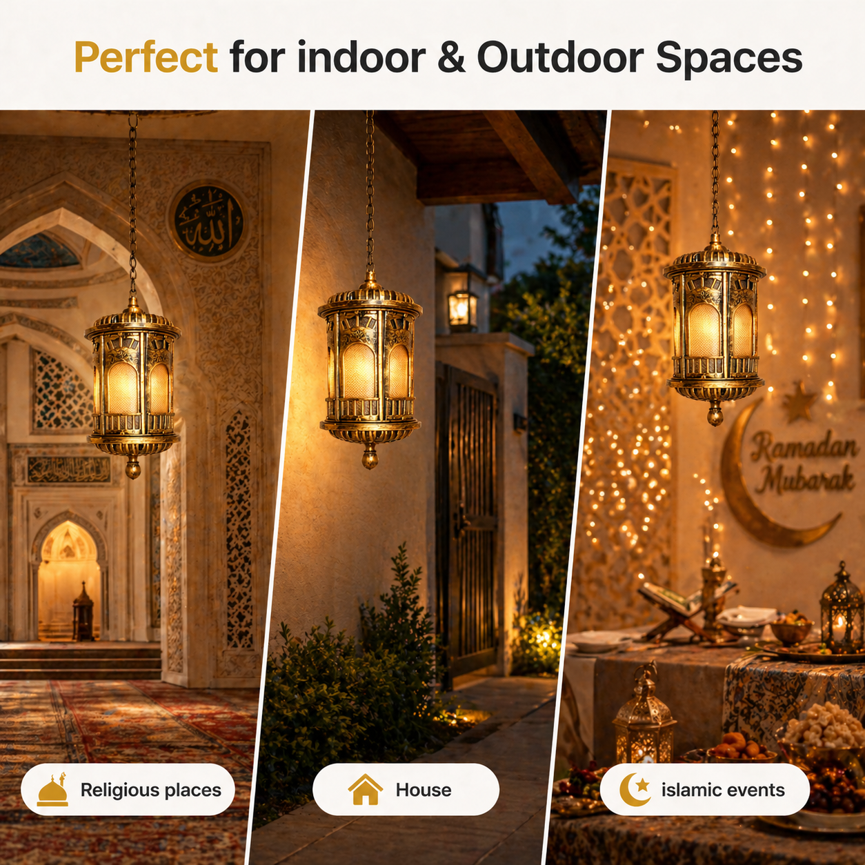 Collage of hanging lanterns in various settings including a religious place, house, and Islamic event.