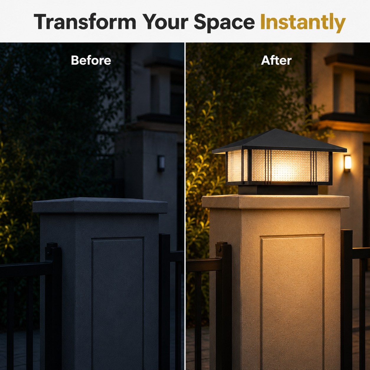Before and after comparison of a garden light fixture on a post.