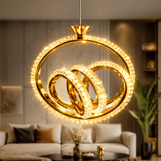 Gold circular chandelier in a living room setting