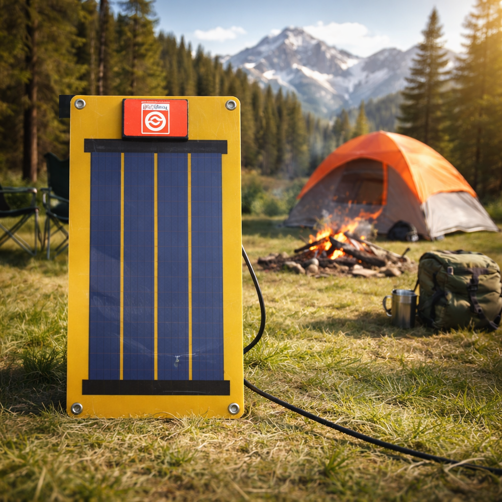 Yellow solar panel on grass with a campsite in the background featuring a tent and fire.
