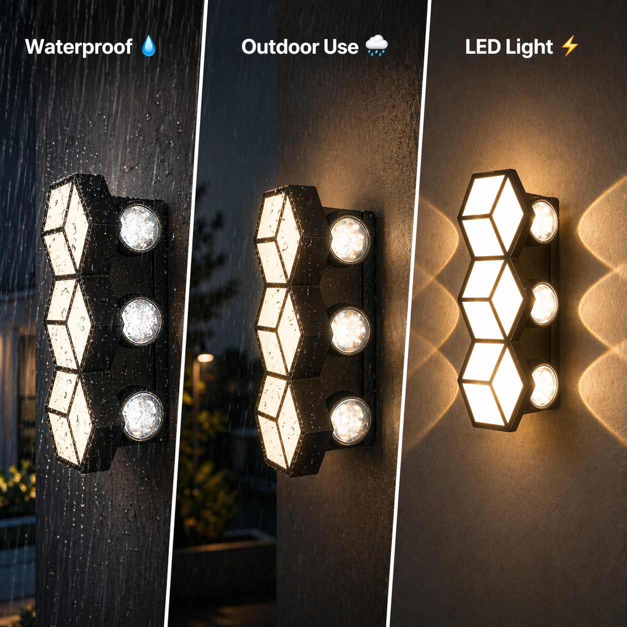 Outdoor wall light fixture with waterproof, outdoor use, and LED light features.