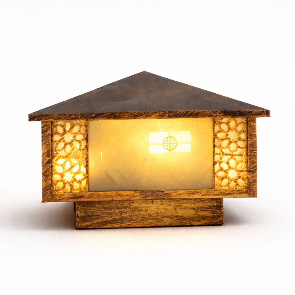 Metal gate pillar lamp with warm outdoor ambient glow