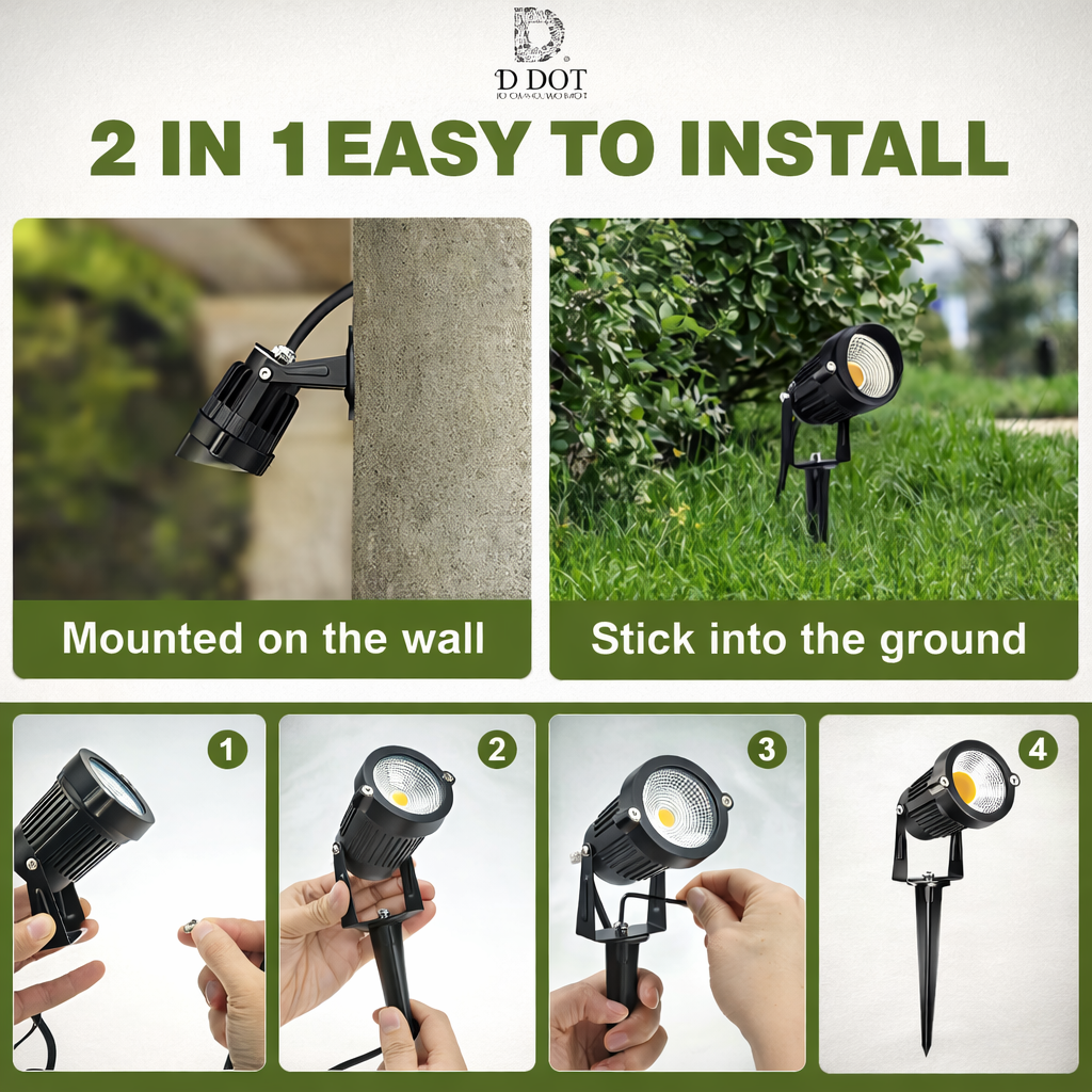 Garden lights with installation instructions and D Dot brand logo.