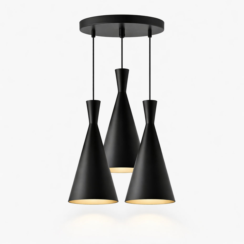 Modern black pendant light with three cone-shaped shades on a white background