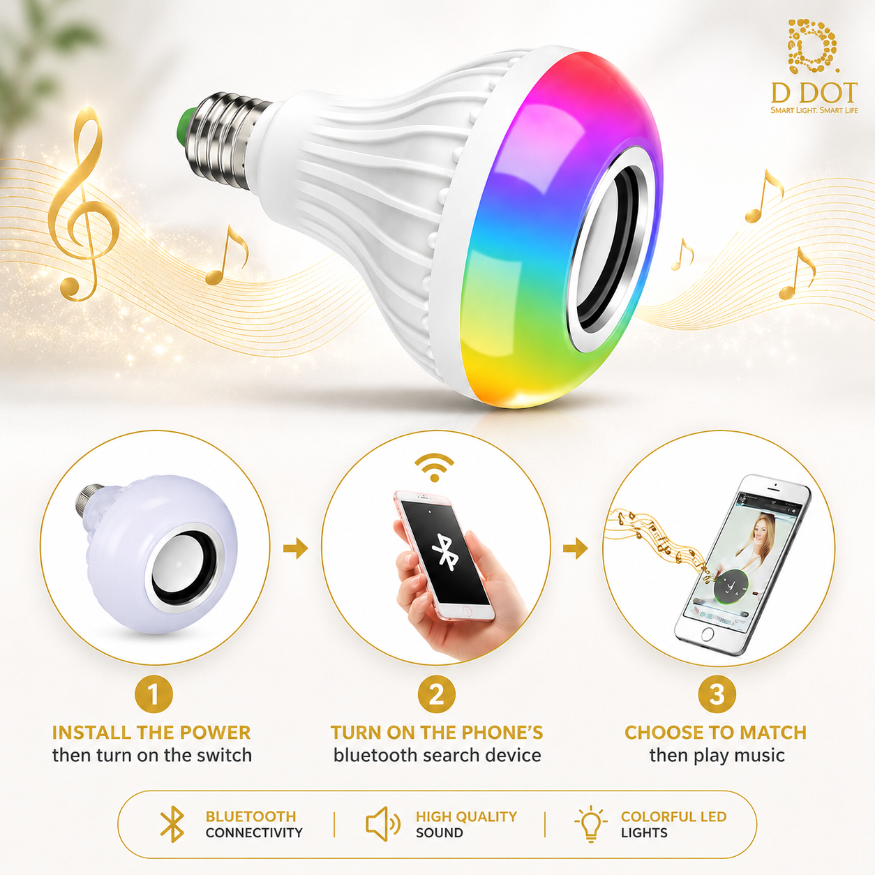 Smart light bulb with Bluetooth speaker and colorful LED lights, featuring installation steps and product features.