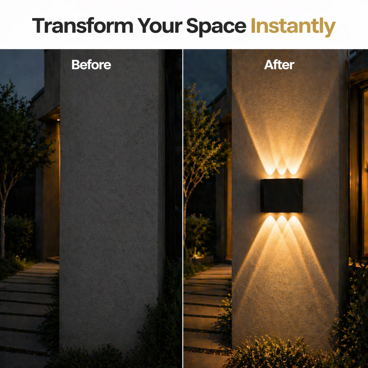 Before and after comparison of outdoor wall lighting on a building exterior.