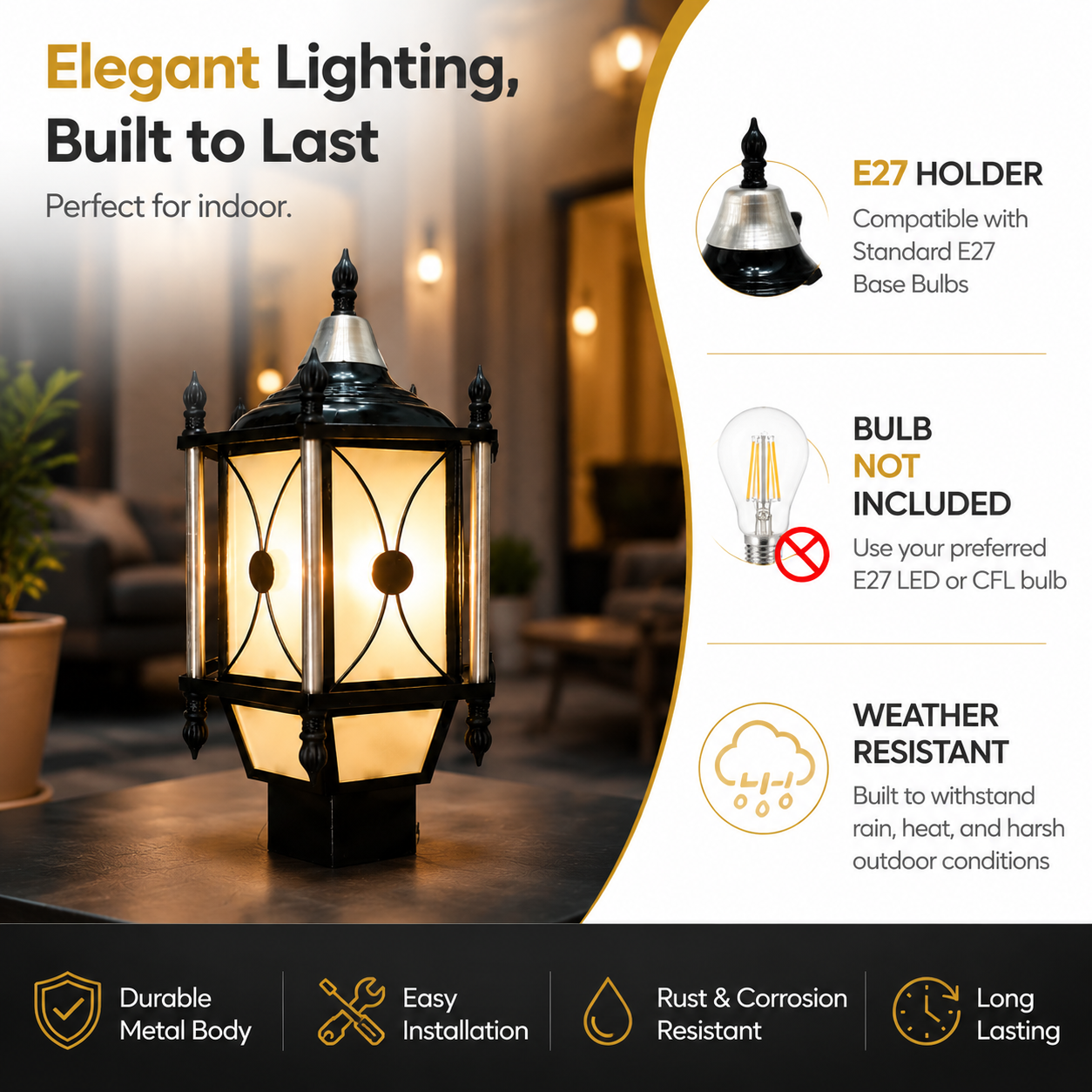 Outdoor lantern with features highlighted on a blurred indoor background