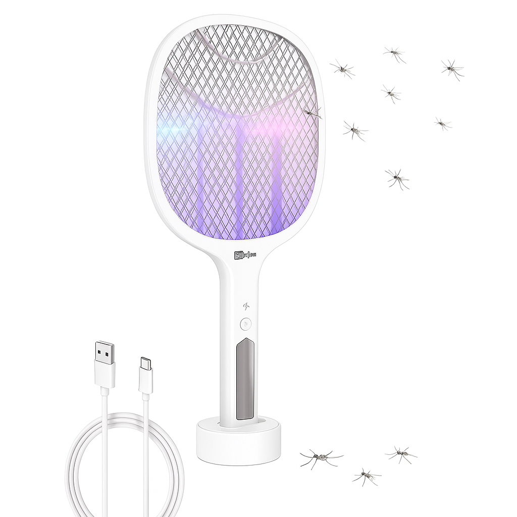 USB rechargeable mosquito killer racket placed on a table.