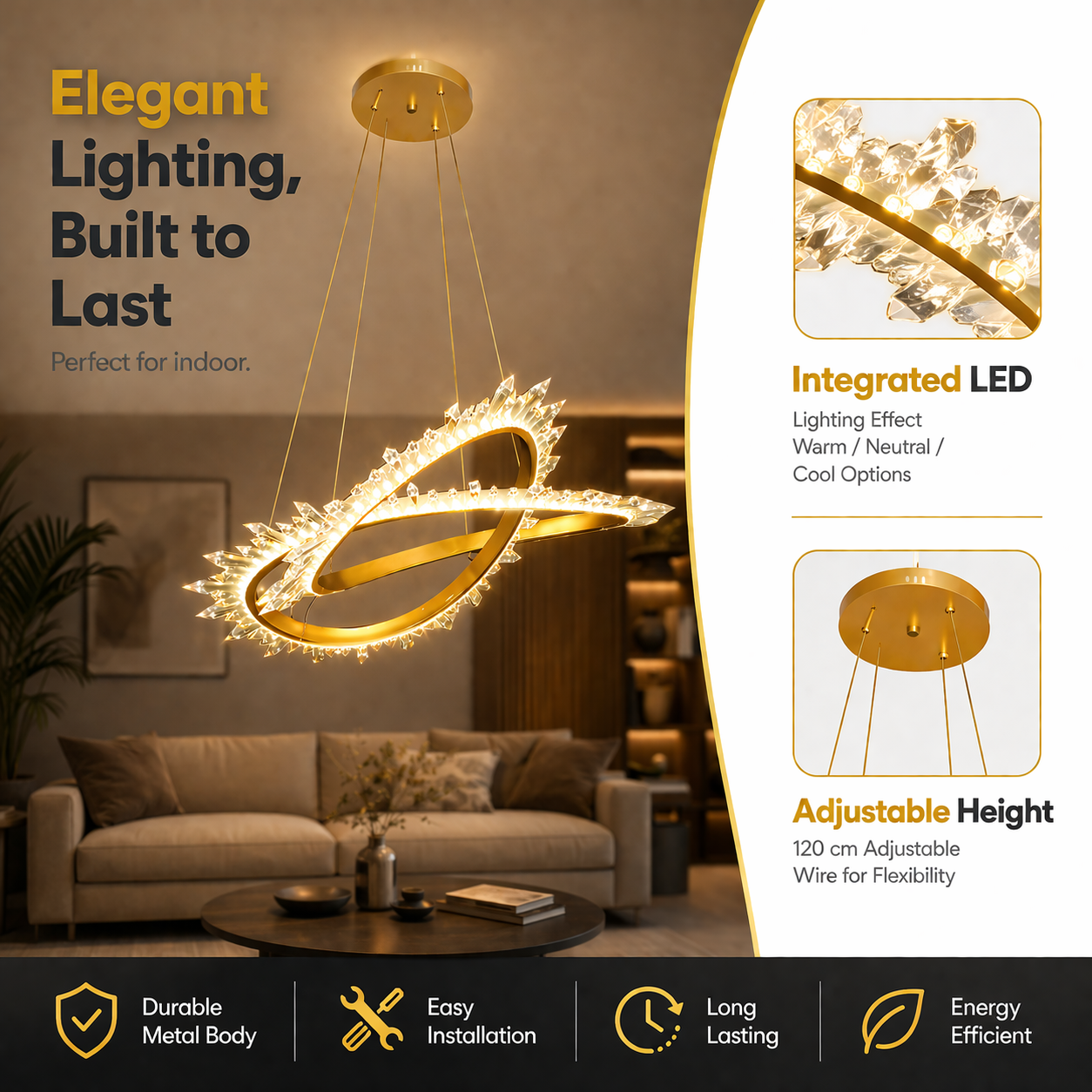 Gold pendant light fixture in a living room setting with product features highlighted.