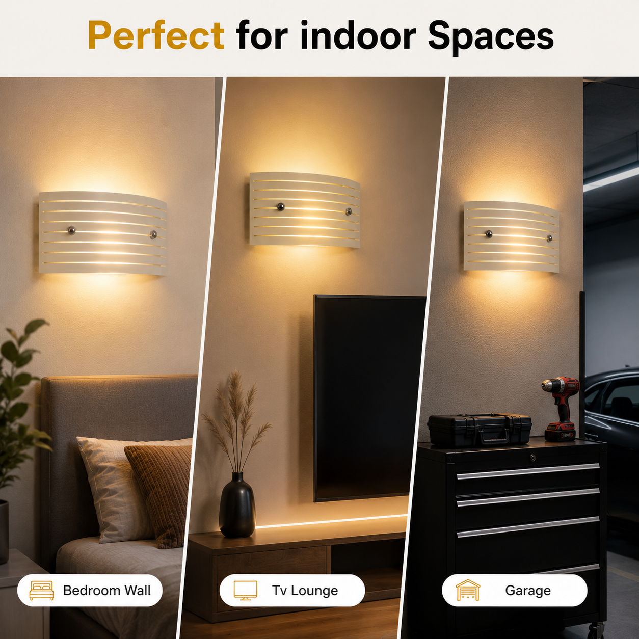 Wall-mounted light fixture shown in various indoor settings including bedroom, TV lounge, and garage.