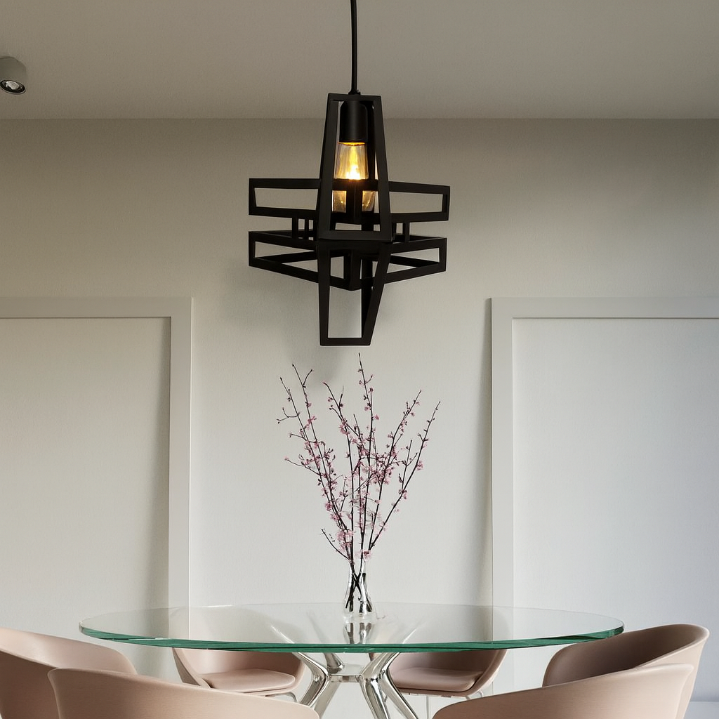 black geometric pendant light hanging above a glass table with pink chairs and a floral centerpiece, enhanced with natural shadows and professional lighting for an elegant interior look."