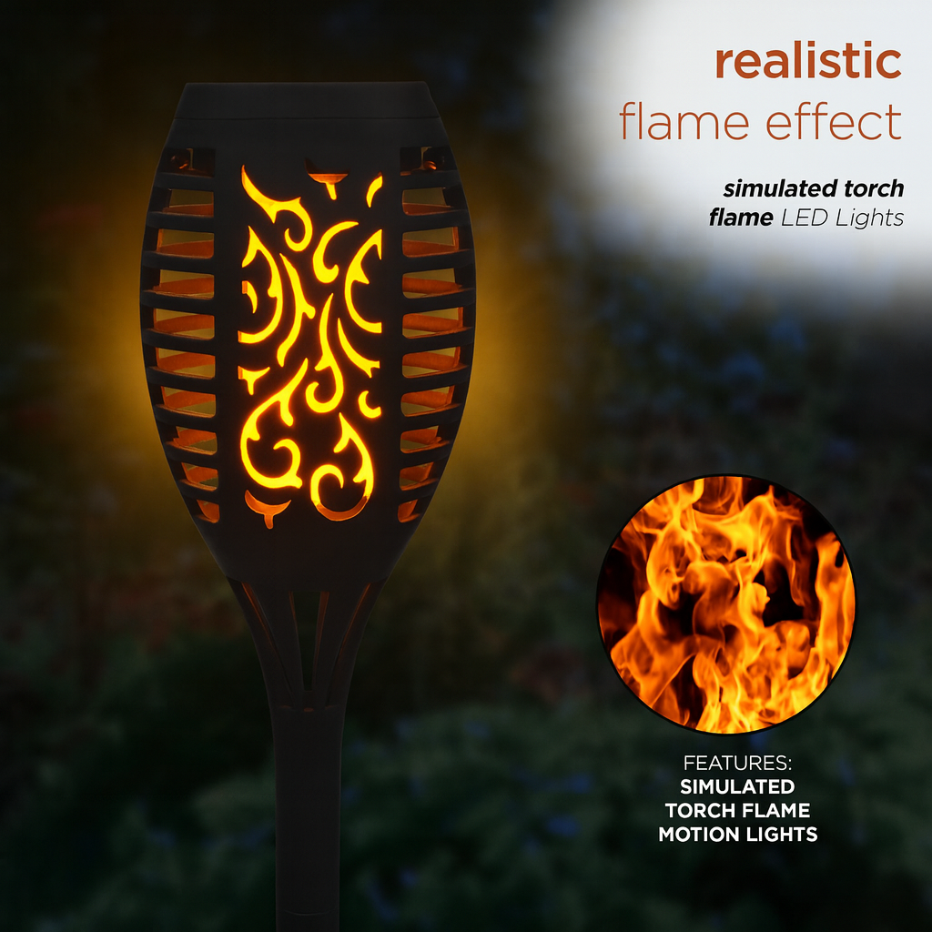“High quality black solar torch with intricate cutout design and warm LED flame glow for elegant landscape lighting”