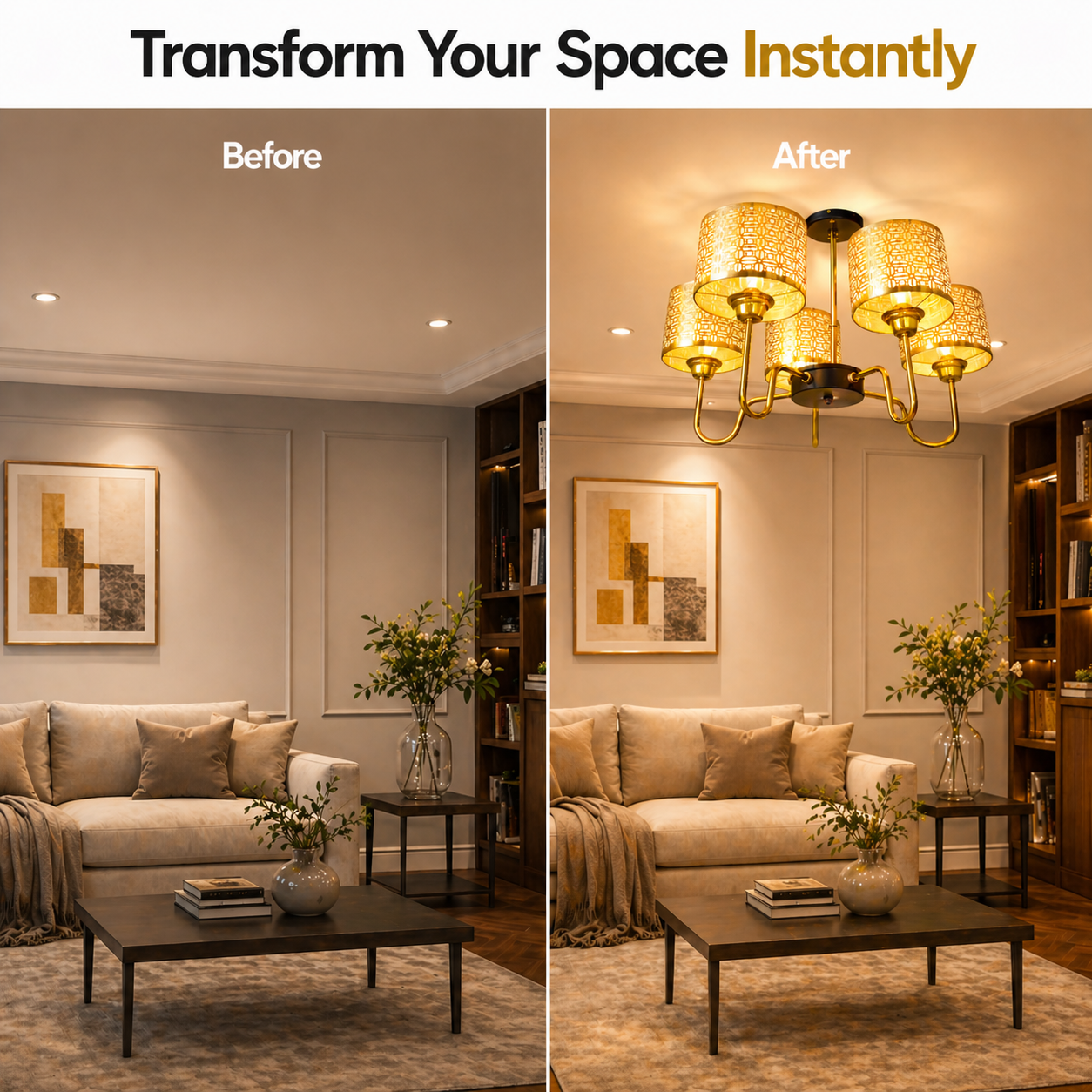 Before and after comparison of a living room with added chandelier.