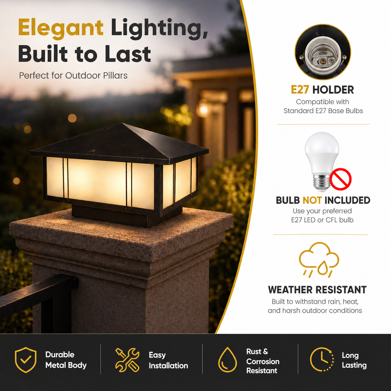 Outdoor light fixture on a pillar with product features highlighted