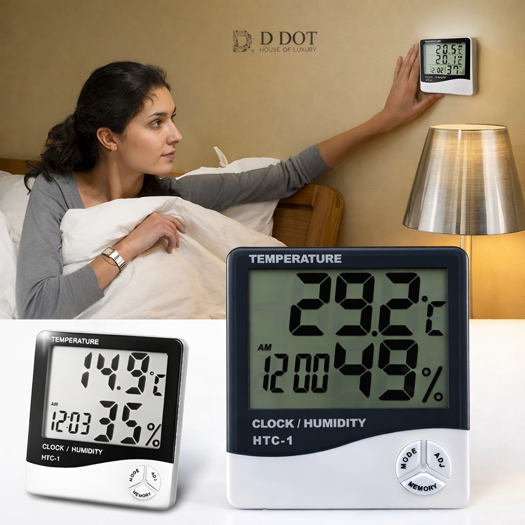 Woman adjusting thermostat with digital temperature and humidity monitor in foreground