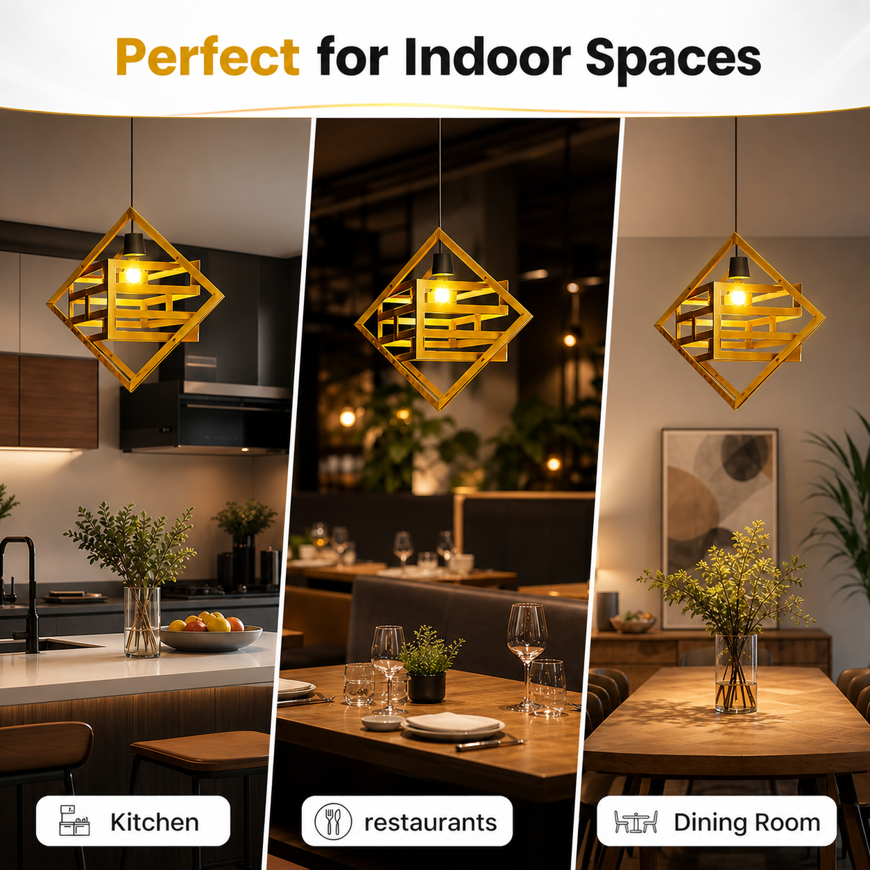 Geometric metal ceiling light with warm glowing bulb ambiance