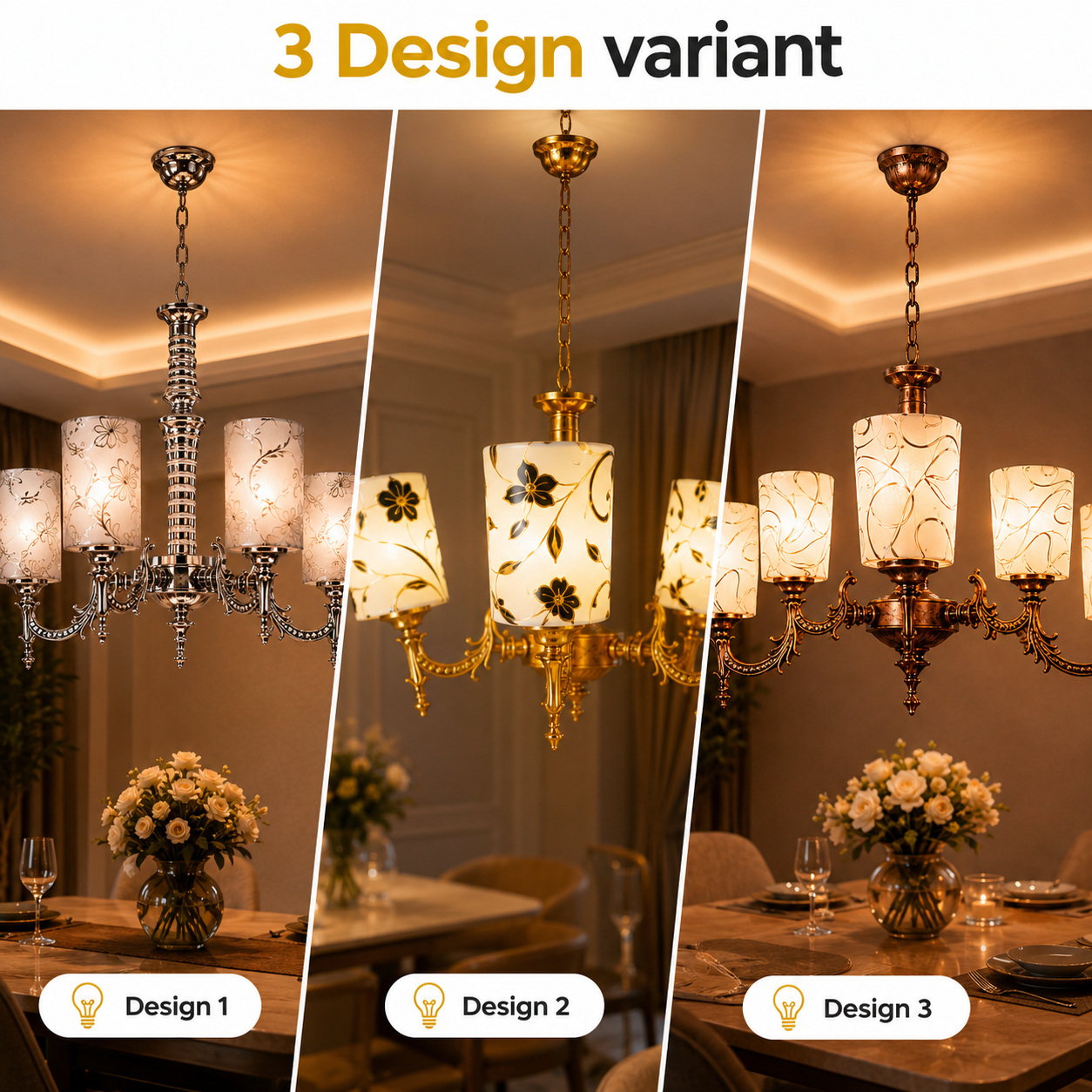 Three different designs of chandeliers in a dining room setting.