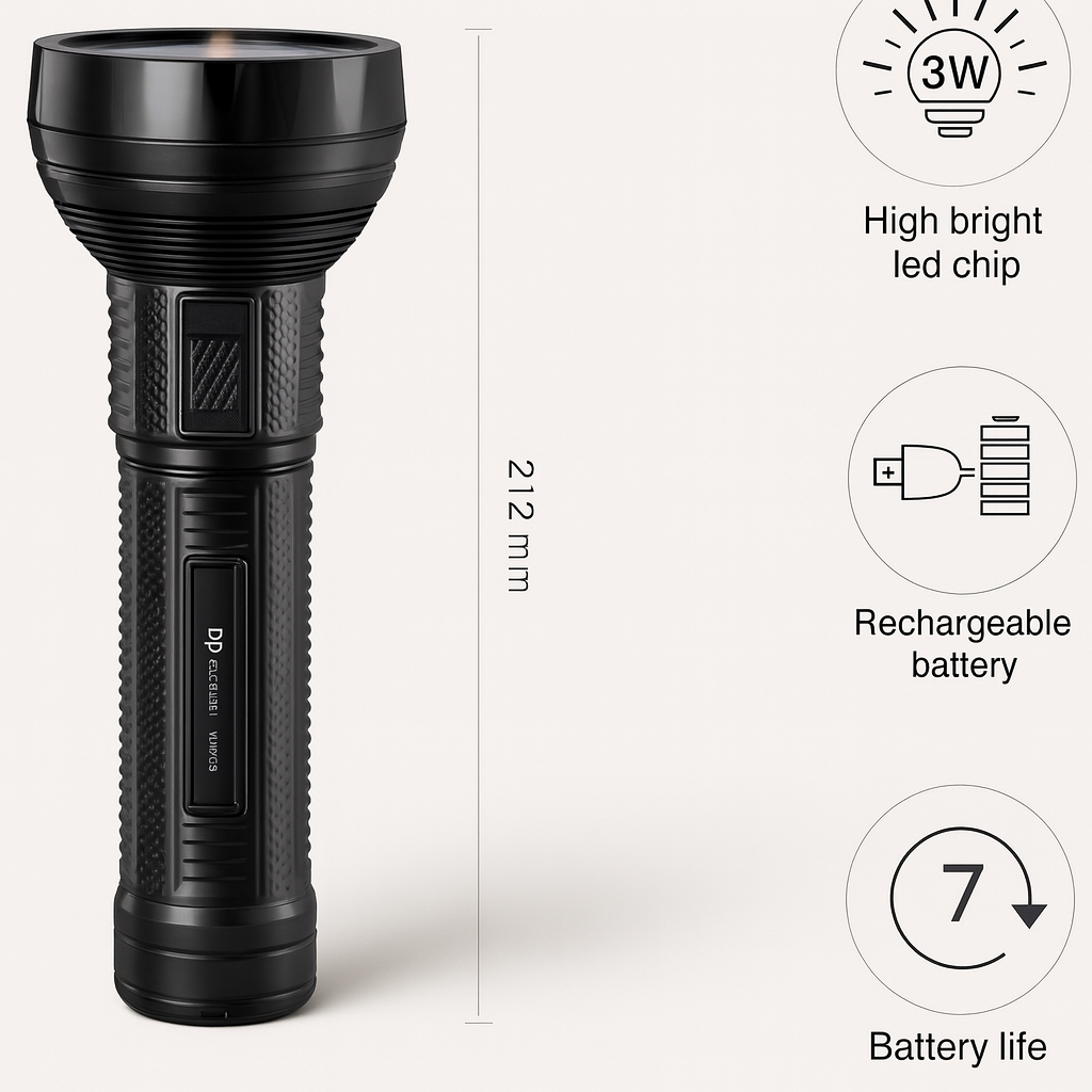 Black flashlight with features highlighted on a white background