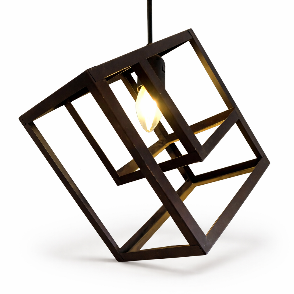 Modern cube pendant light with metal frame ceiling design