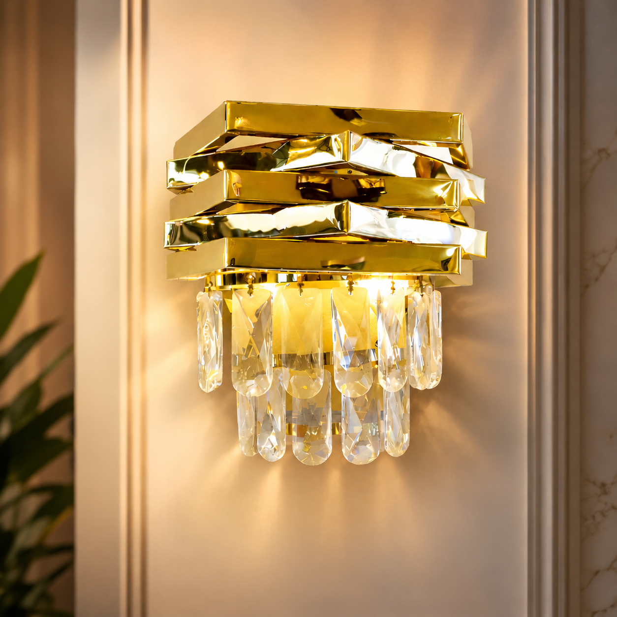 Gold wall sconce with crystal accents on a neutral wall.