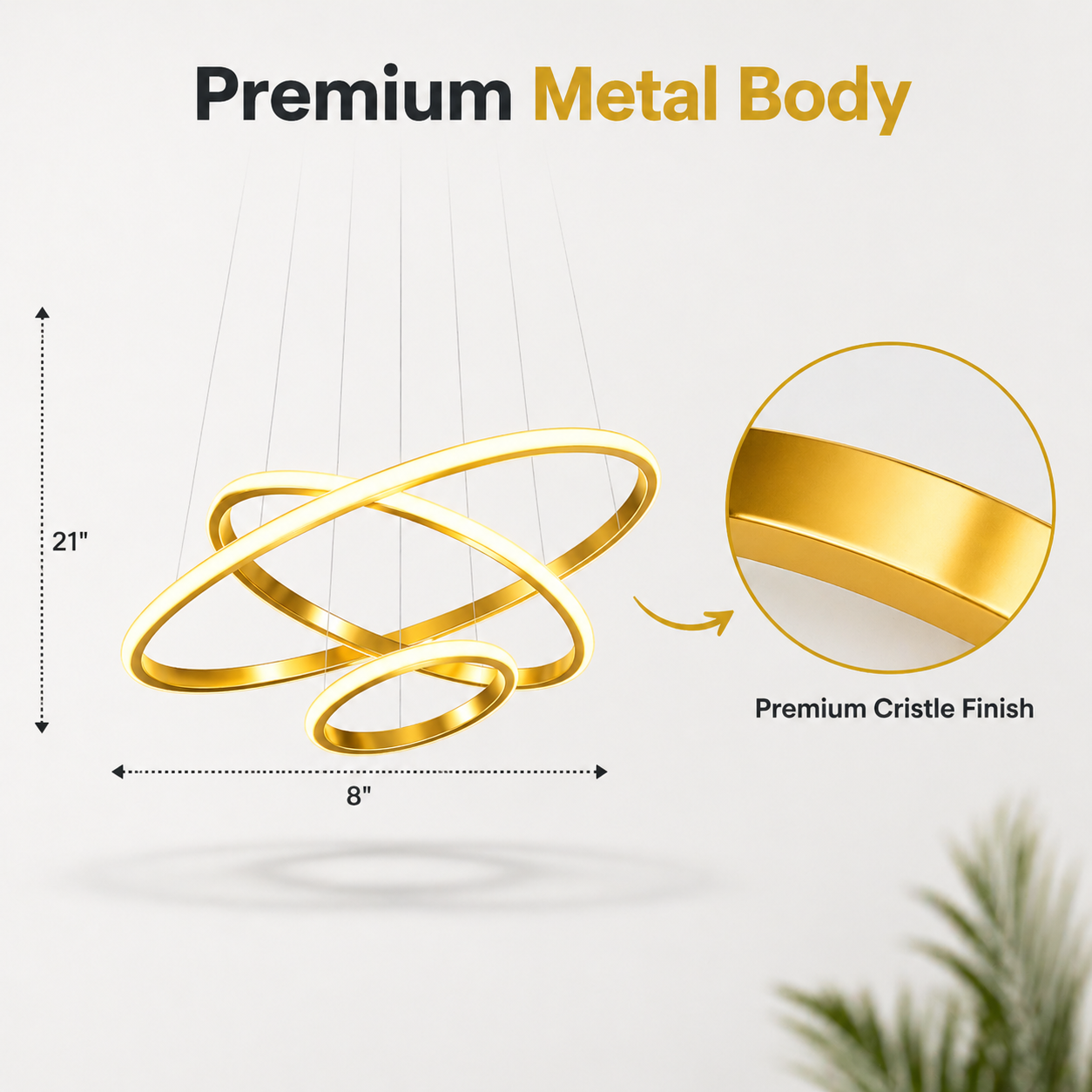 Gold pendant light with measurements and close-up of cristle finish on a white background