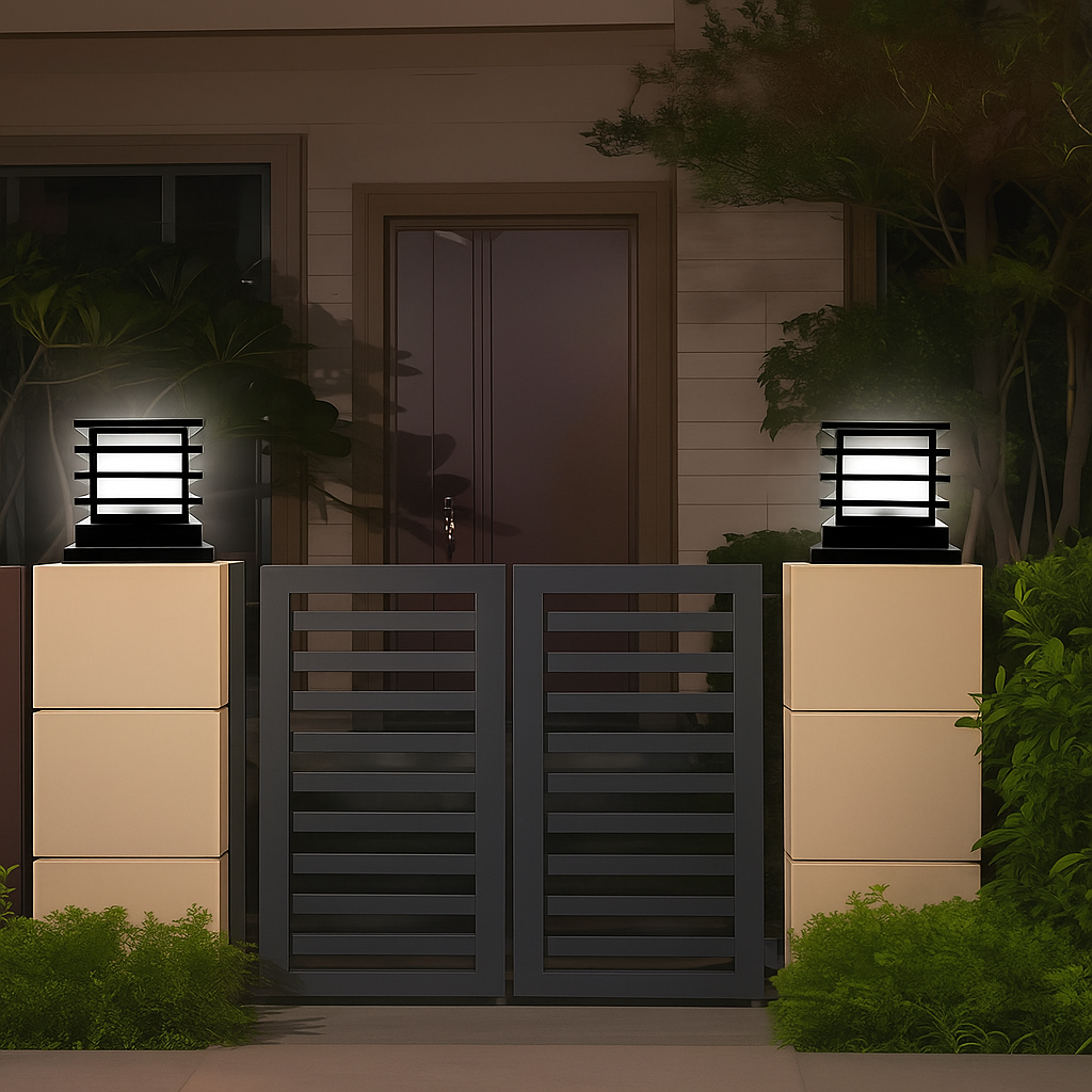 Modern garden gate with decorative lights on posts at night.