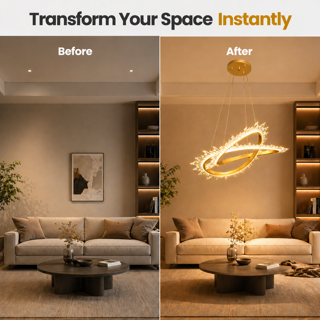 Before and after comparison of a living room with a new ceiling light fixture.