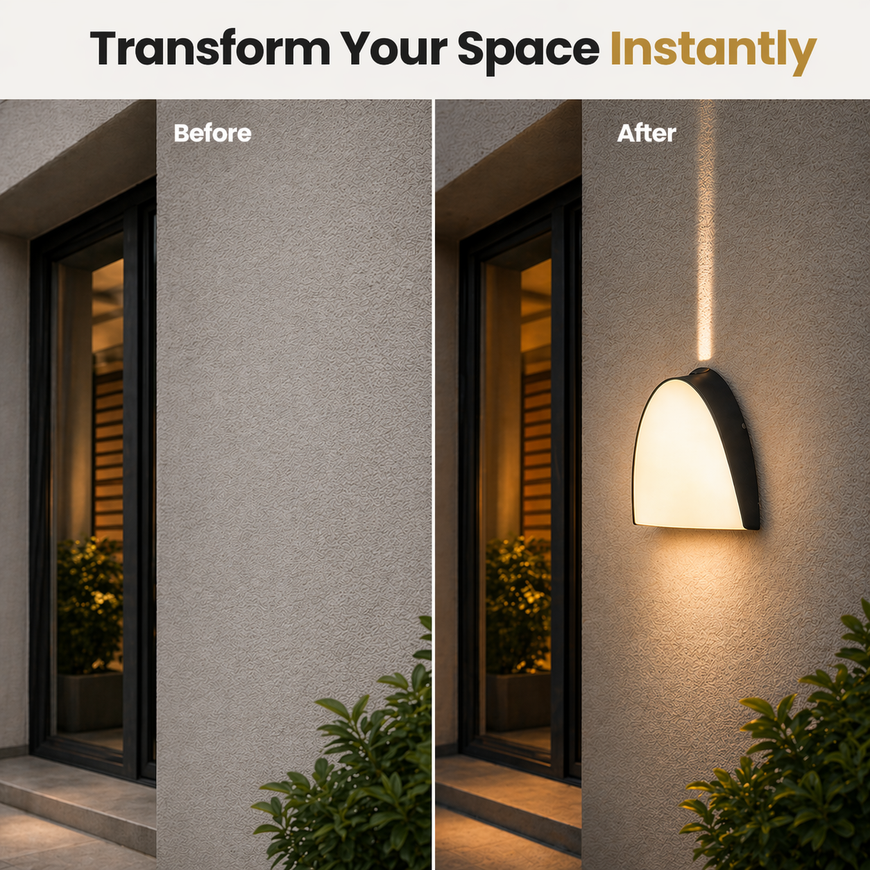 Before and after comparison of a wall light fixture on a building exterior.
