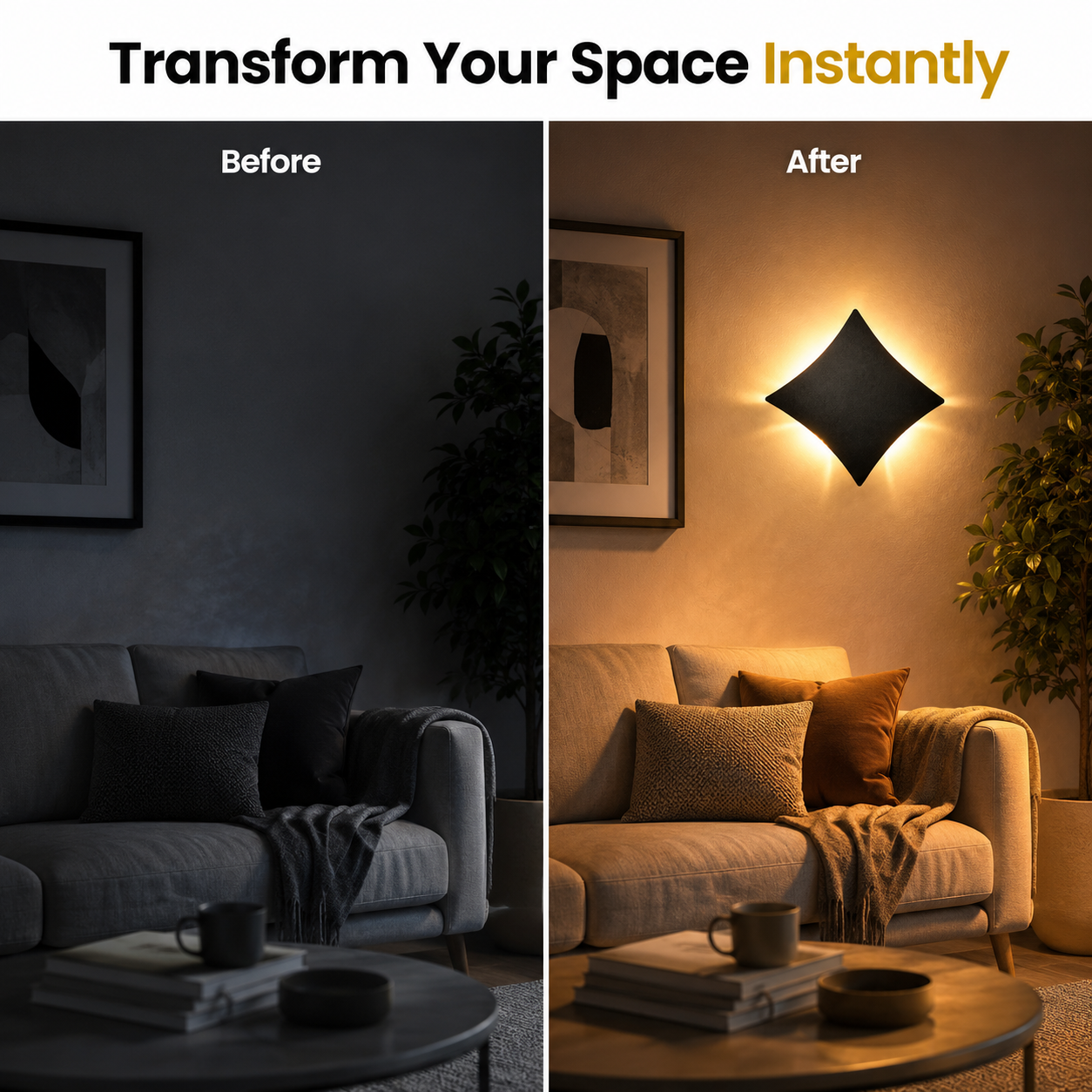 Before and after comparison of a living room with added wall sconce lighting.