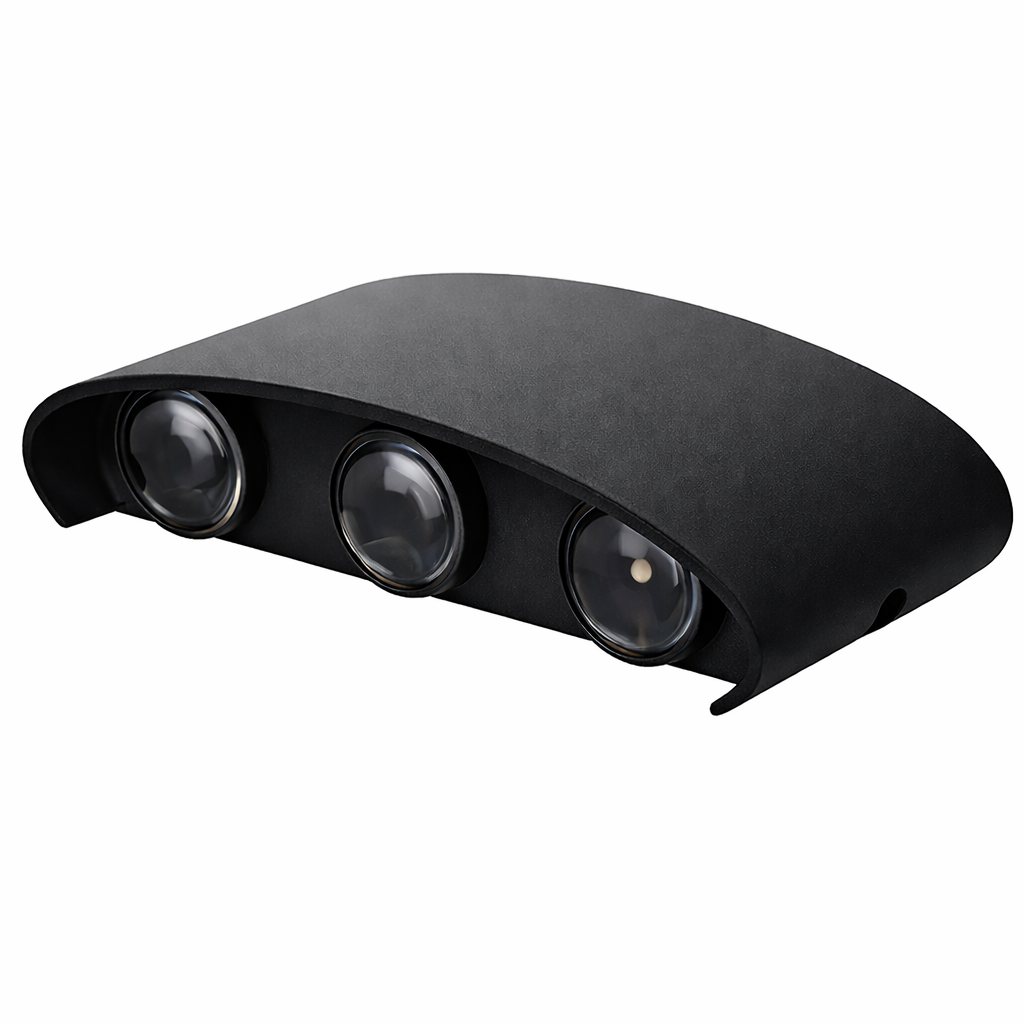 Black curved light fixture with three spherical lenses on a white background