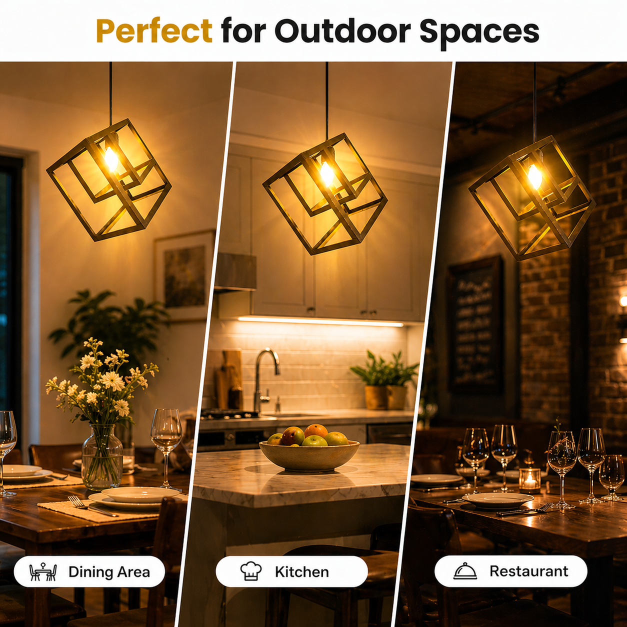 Collage of pendant lights in various settings with text 'Perfect for Outdoor Spaces'.