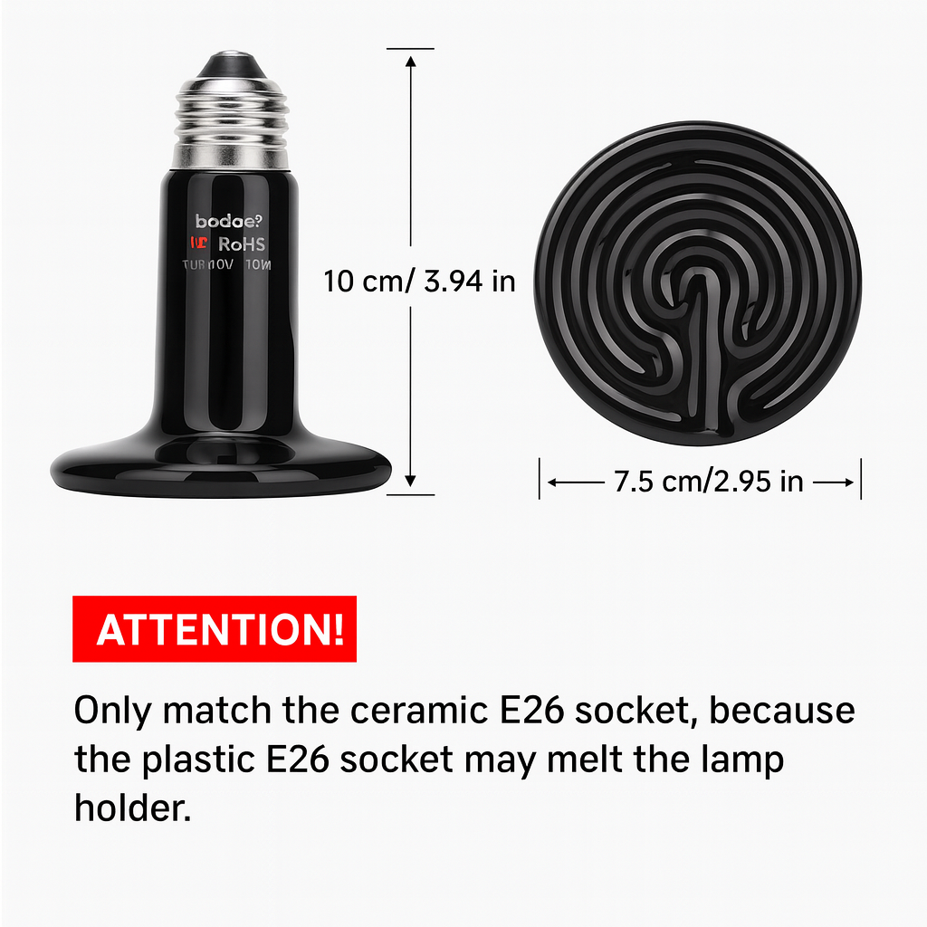 Black ceramic heating element with dimensions and a warning label on a white background